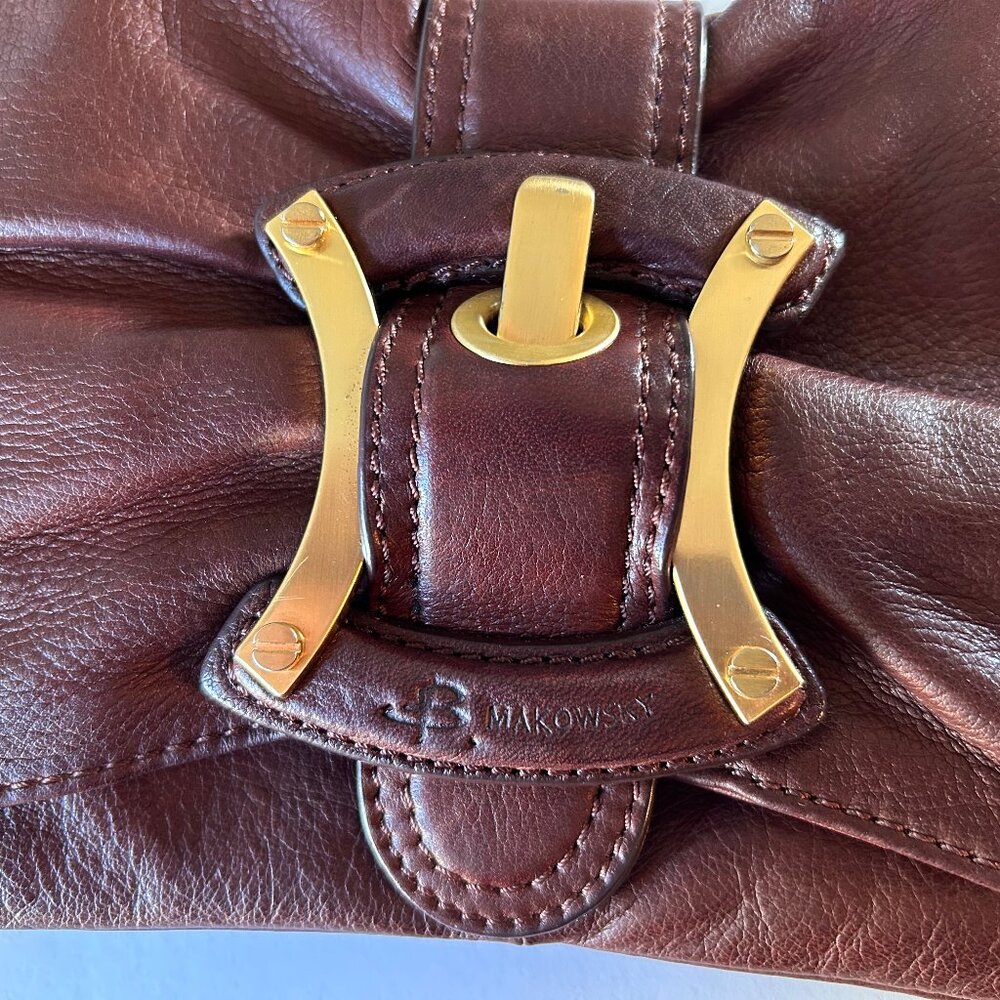 B. Makowsky Brown Leather Shoulder Bag/Clutch  Gold Hardware Y2K Leopard Lined - Picture 2 of 10